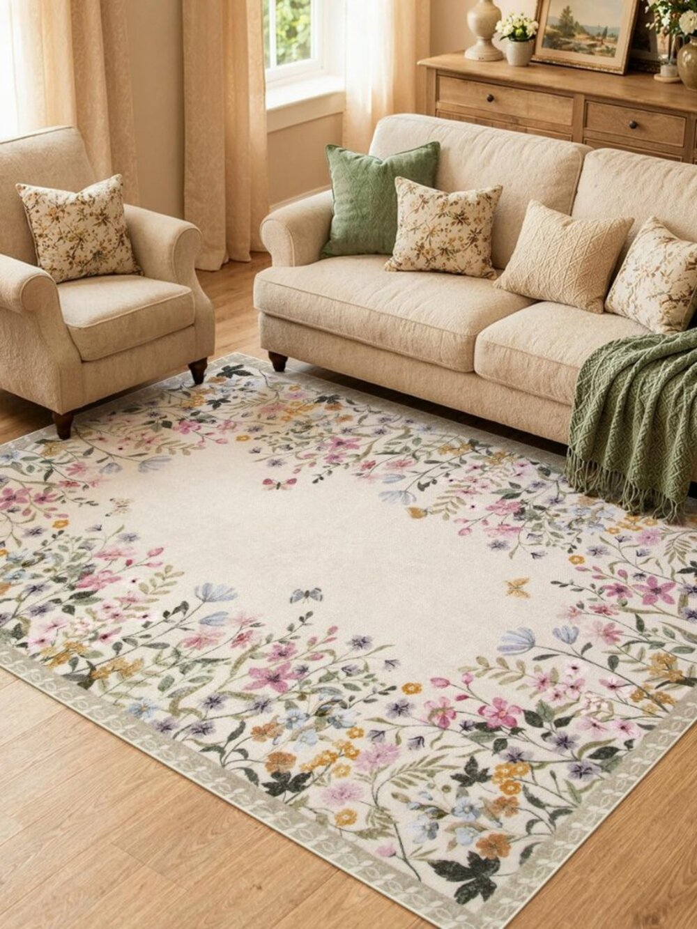 5x7 Area Rug for Living Room, Floral Washable Rug for Bedroom, Boho Botanical